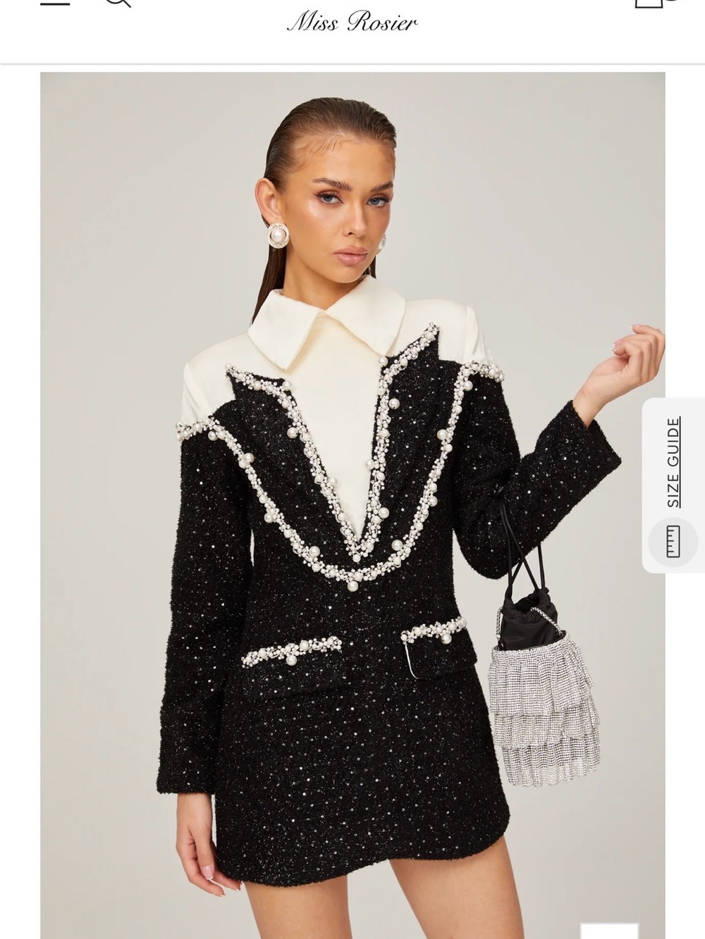Miss Rosier Black & Cream Mini Dress with Pearl Trim